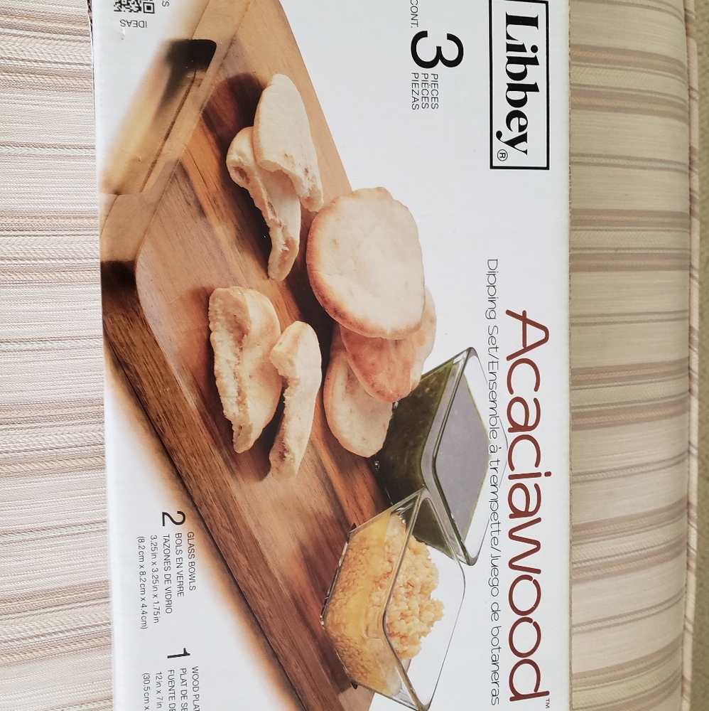 New/NWT Libbey Acaciawood 3pc Dipping Set Ensemble